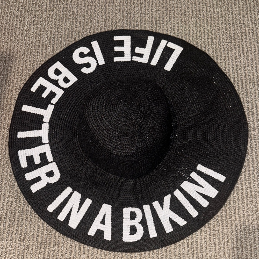 Black Sun Hat with White “ Life Is Better In A Bikini” Text